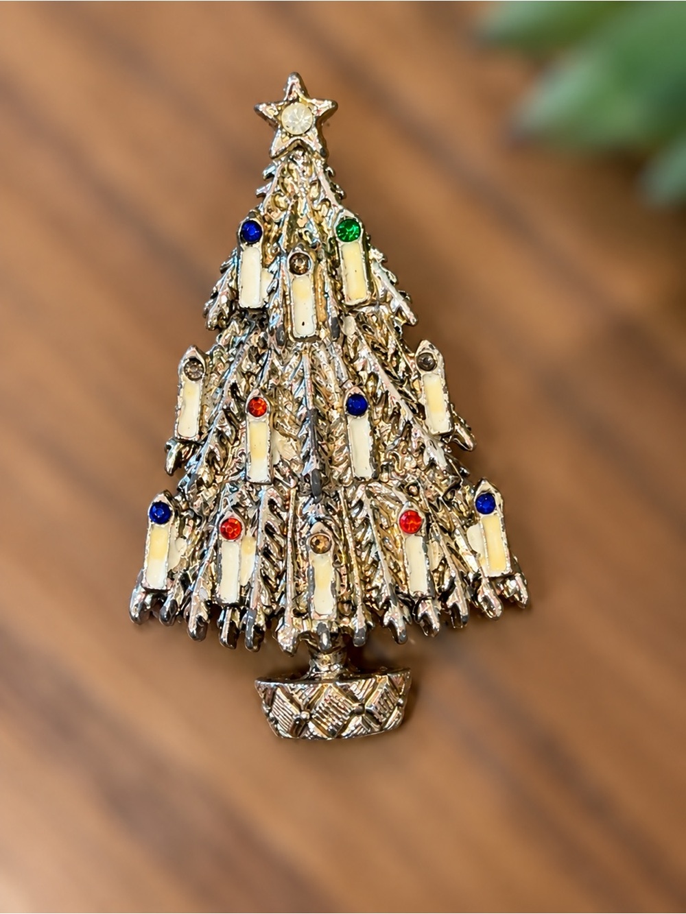 Vintage Silver-Tone Christmas Tree Brooch with Candles & Multicolor Rhinestones